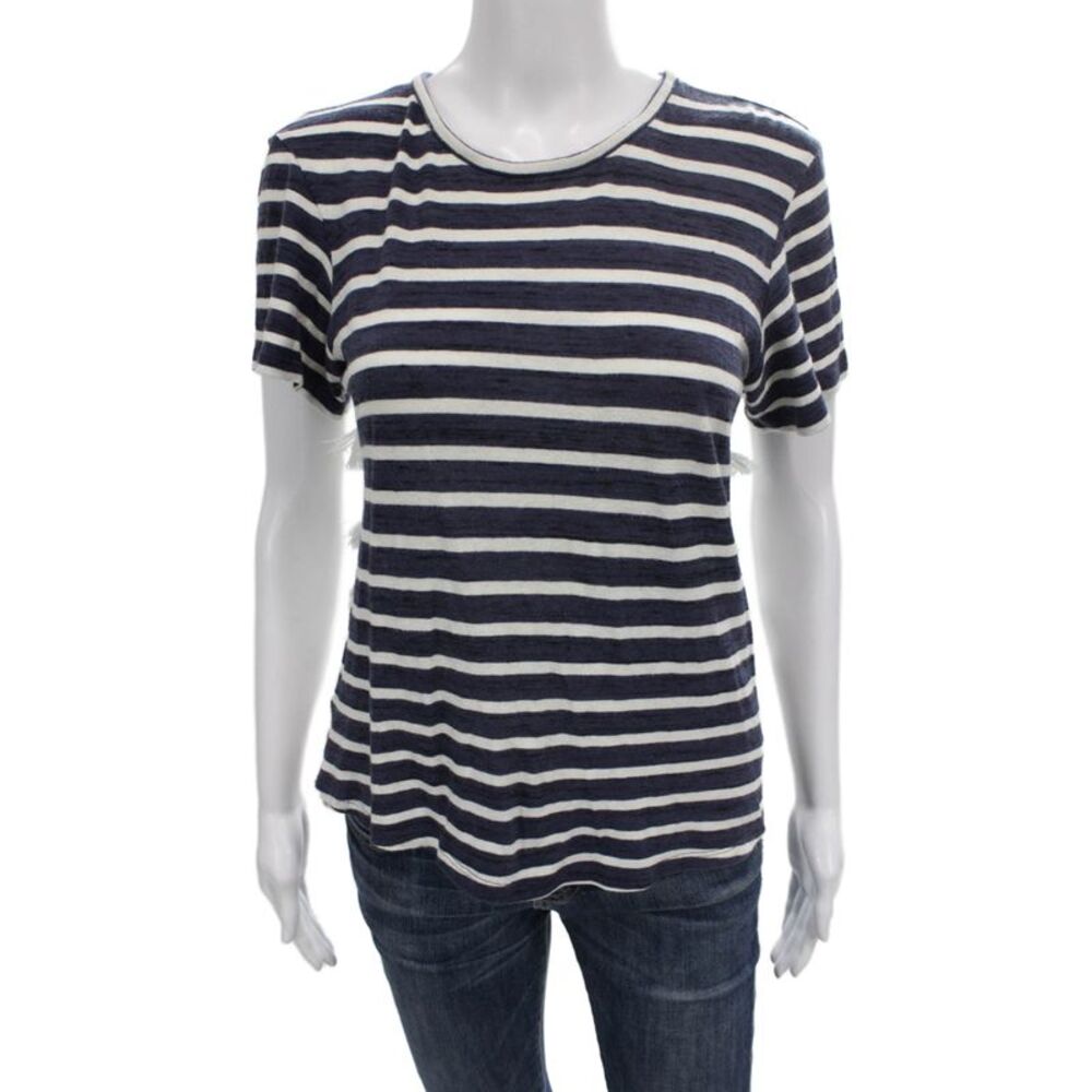Sea Women Basic Striped Blue Crew Neck Cotton T-Shirt Short Sleeve Size XS